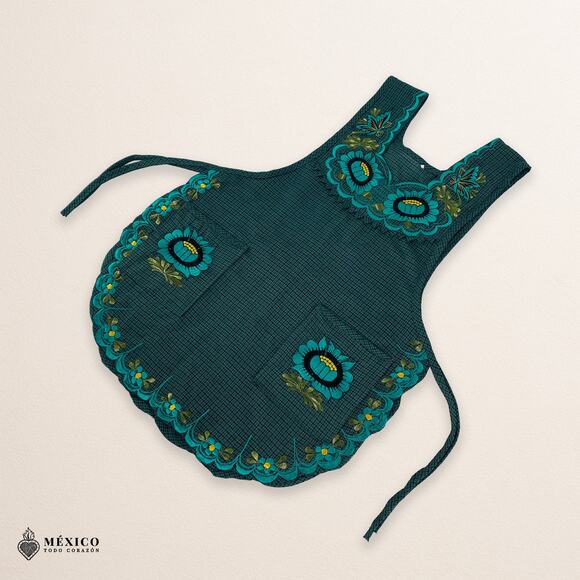 Turquoise Mexican Embroidered Smock Apron – Floral Traditional Design for Women - Picture 6 of 8